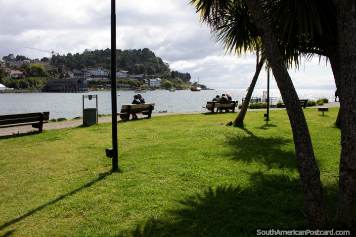 Grassy lawns and park area behind the tourist center beside the lake in Puerto Varas, peaceful! (720x480px). Chile, South America.