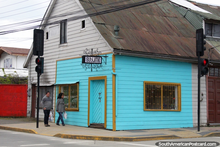 Wooden building on a street corner in Osorno, a city with many wooden houses. (720x480px). Chile, South America.