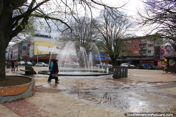 A fountain and shopping area in central Osorno. (720x480px). Chile, South America.