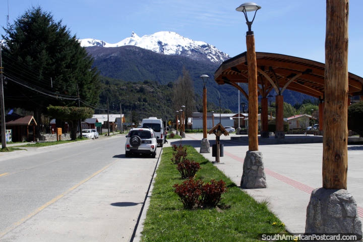 The main street around the plaza in Futaleufu, a small town with a big river! (720x480px). Chile, South America.