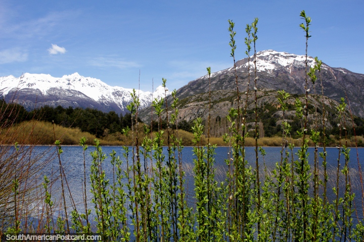 Belas vises em volta de Lagoa de Espelho (Lagoa Espejo) com montanhas cobertas de neve em Futaleufu. (720x480px). Chile, Amrica do Sul.