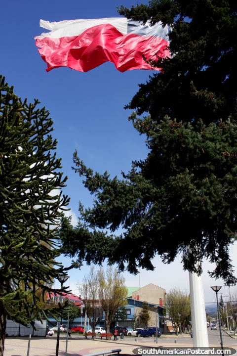 Bandera Chilena que vuela alto en el viento en la Plaza Mirador Rio Coyhaique en Coyhaique. (480x720px). Chile, Sudamerica.