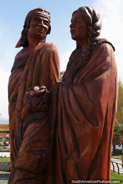 La Familia Tehuelche monument, a sculpture of indigenous people in Coyhaique. (480x720px). Chile, South America.