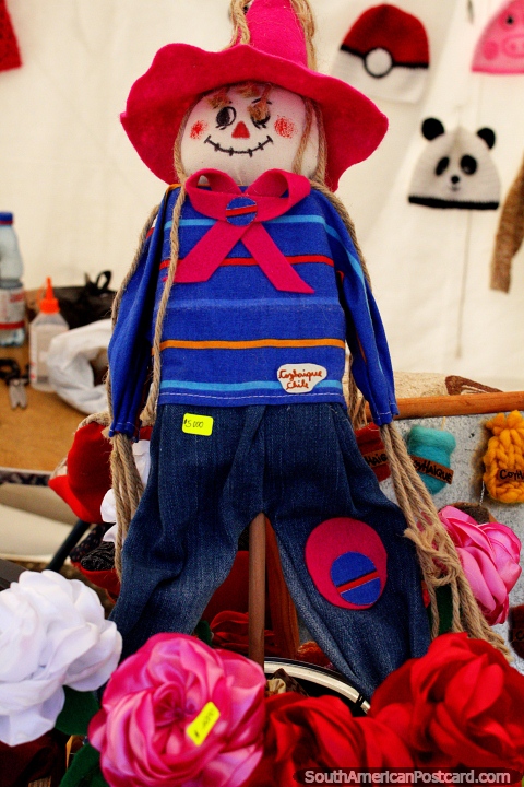Scarecrow dressed up in kids clothing at the crafts fair in Coyhaique. (480x720px). Chile, South America.