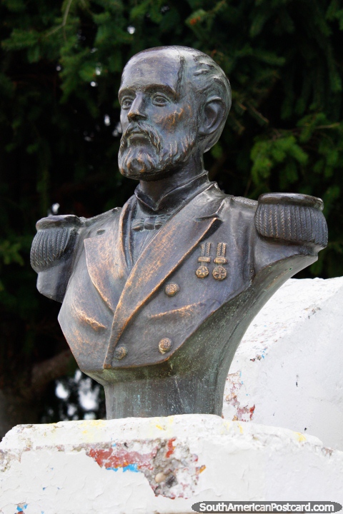 Agustin Arturo Prat Chacon (1848-1879), a naval officer, bust in Coyhaique. (480x720px). Chile, South America.