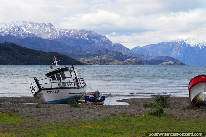 Boat named Rosillo on the shores of Lake General Carrera at Puerto Rio Tranquilo. (720x480px). Chile, South America.