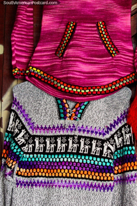 Beautifully designed clothing with llamas, made from wool, in Castro. (480x720px). Chile, South America.