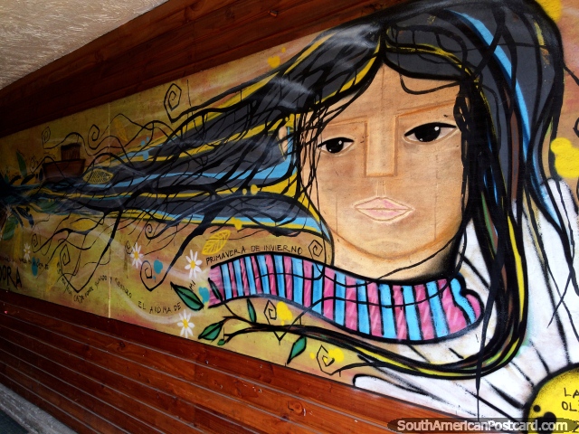 Mulher com cabelo longo, uma obra de arte na entrada em um salão de cabelo em Castro. (640x480px). Chile, América do Sul.