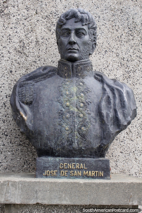Jose of San Martin, an Argentine general (1778-1850), a liberator of Spanish South America, bust in Punta Arenas. (480x720px). Chile, South America.