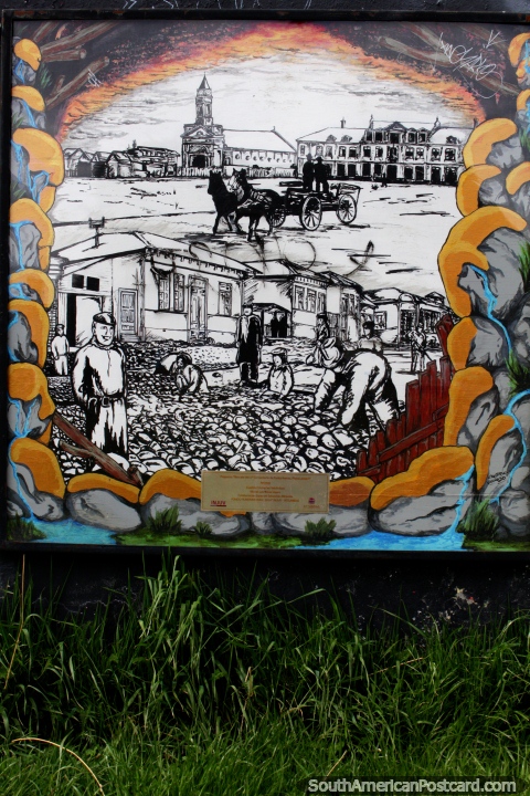 Mural and plaque depicting the restoration of the old original cemetery at Plaza Lautaro in Punta Arenas. (480x720px). Chile, South America.