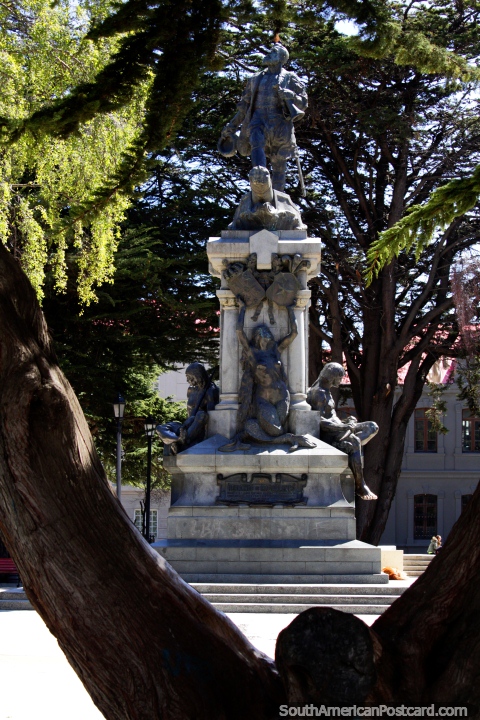 Chilean naval officer Benjamin Munoz Gamero (1817-1851), statue in his plaza in Punta Arenas. (480x720px). Chile, South America.