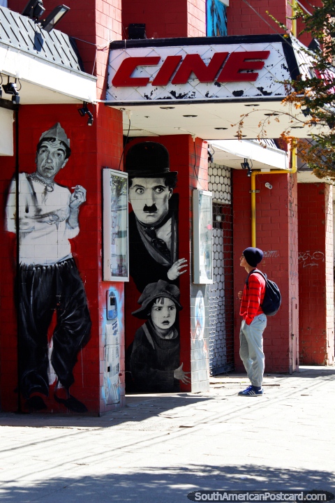 Charlie Chaplin among others at the cinema building in Punta Arenas - Cine. (480x720px). Chile, South America.