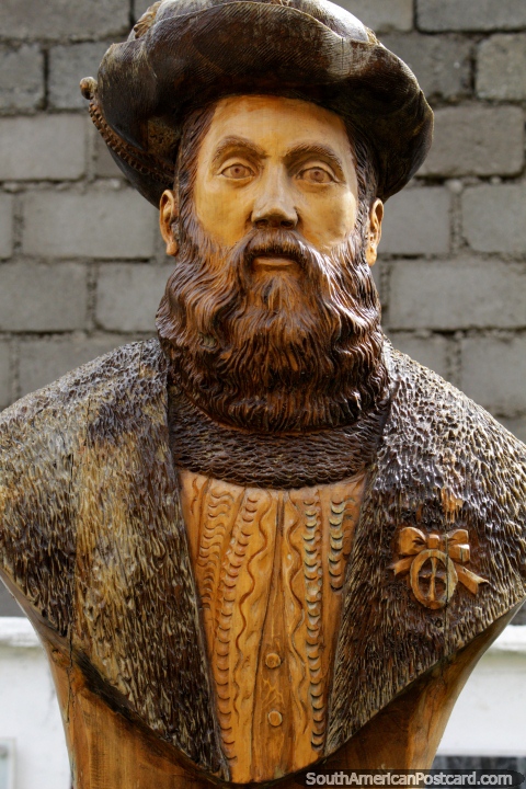 Hernando de Magallanes (1480-1521), a Portuguese explorer, bust at the Municipal Museum in Porvenir. (480x720px). Chile, South America.