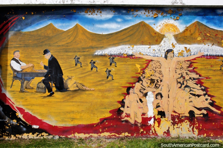 Europeans count their gold and wipe-out the indigenous Selknam people, mural in Porvenir. (720x480px). Chile, South America.