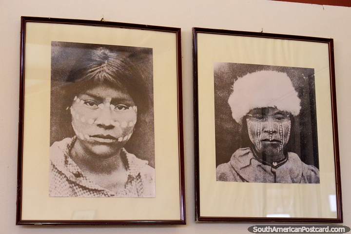 Photos of 2 Selknam women with white face paint at the Municipal Museum in Porvenir. (720x480px). Chile, South America.