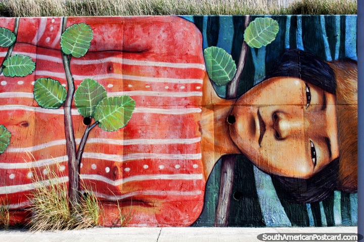 Selknam indigenous man, mural in Bahia Azul (Blue Bay) in the Land of Fire (Tierra del Fuego). (720x480px). Chile, South America.