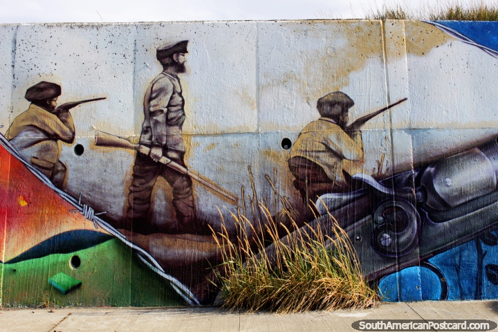 Los Europeos y los Chilenos trajeron una pelea a la Tierra del Fuego, mural en Bahia Azul. (720x480px). Chile, Sudamerica.