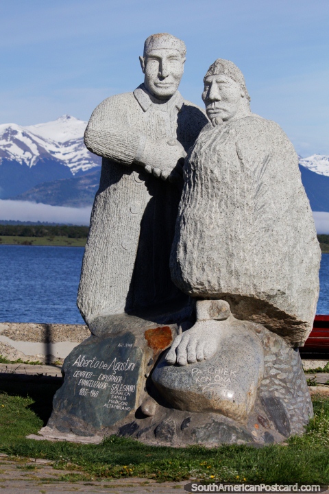 Alberto de Agostini, scientist and explorer (1883-1960), stone monument in Puerto Natales. (480x720px). Chile, South America.