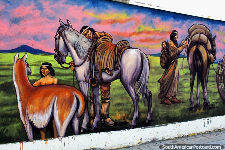 Indgenas con caballos y puesta de sol ardiente, mural de Eladio Godoy Vera en Puerto Natales. (720x480px). Chile, Sudamerica.