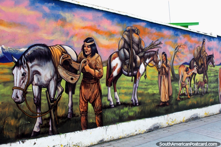 Loading horses for a long journey by the indigenous people, mural by Eladio Godoy Vera in Puerto Natales. (720x480px). Chile, South America.