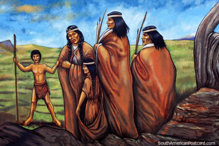 Family of indigenous people with spears around rocks, mural by Eladio Godoy Vera in Puerto Natales. (720x480px). Chile, South America.