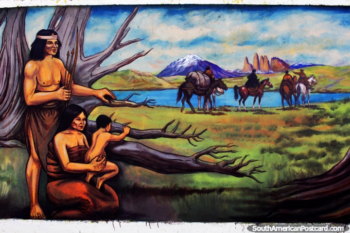 Indigenous around a lagoon and trees near Torres del Paine, mural by Eladio Godoy Vera in Puerto Natales. (720x480px). Chile, South America.