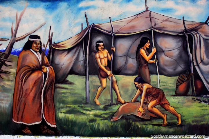 Indigenous people building a tent in the wilderness, mural by Eladio Godoy Vera in Puerto Natales. (720x480px). Chile, South America.