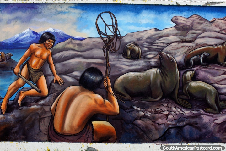 Hunting seals for food by the indigenous people, mural by Eladio Godoy Vera in Puerto Natales. (720x480px). Chile, South America.