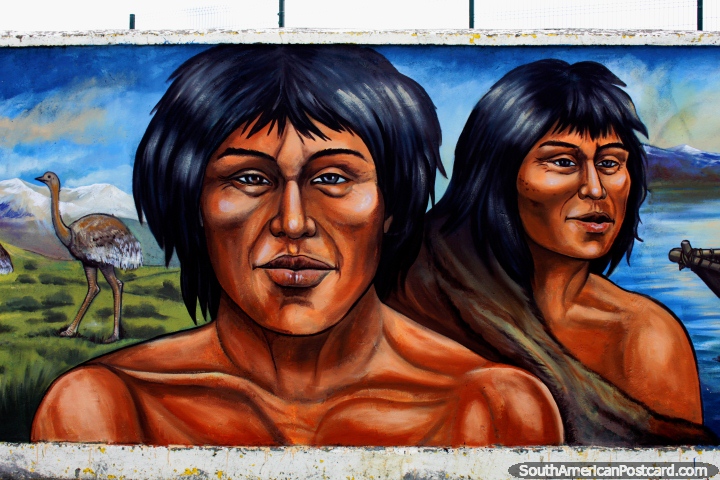 The indigenous people hunted animals like emu, mural by Eladio Godoy Vera in Puerto Natales. (720x480px). Chile, South America.