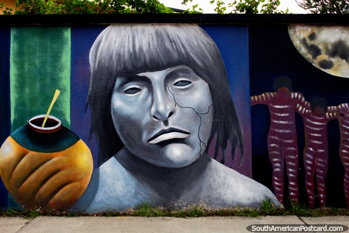 Puerto Natales has many murals of indigenous and ethnic people around town. (720x480px). Chile, South America.