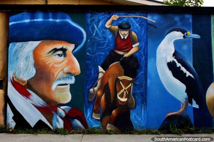 Jockey on horseback and a seabird, mural in Puerto Natales. (720x480px). Chile, South America.