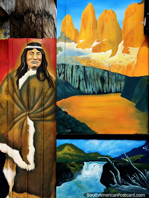 Mural of Torres del Paine and an indigenous man in Puerto Natales. (480x640px). Chile, South America.