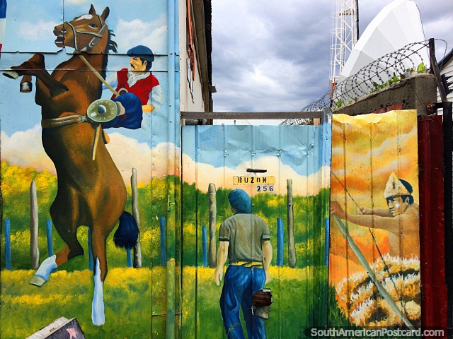 Colorful murals around the streets in Puerto Natales, jockey on horseback. (640x480px). Chile, South America.