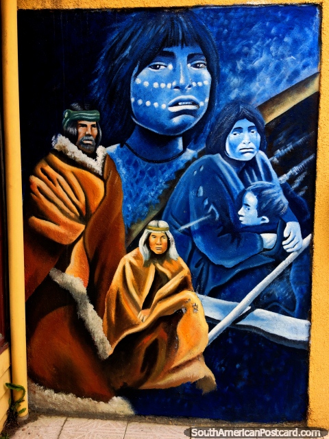 Images of the indigenous people of the Patagonia are all around Puerto Natales. (480x640px). Chile, South America.