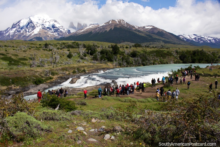 Paine River Waterfall, a spectacular sight and the 3 towers at Torres del Paine. (720x480px). Chile, South America.