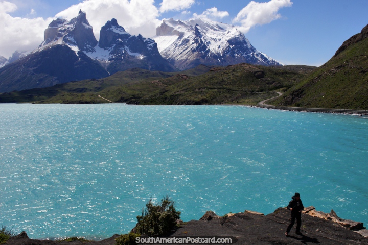 Wow spectacular sight! Lake Pehoe and snow-capped mountains at Torres del Paine. (720x480px). Chile, South America.