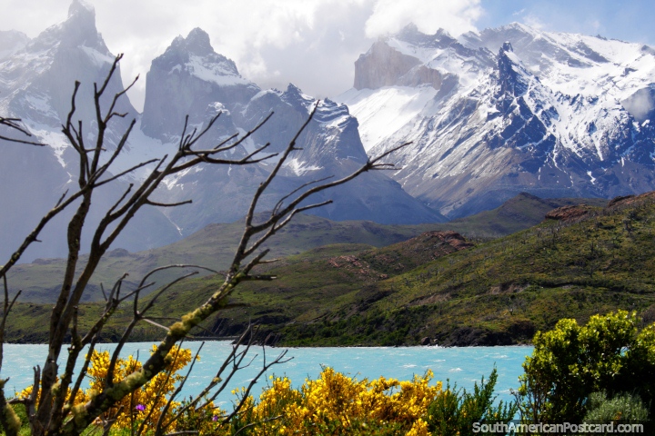 Lake Pehoe and the amazing snow-capped mountains at Torres del Paine National Park. (720x480px). Chile, South America.