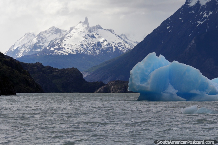 Icebergs de Glacier Grey flotan ro abajo en el Parque Nacional Torres del Paine. (720x480px). Chile, Sudamerica.