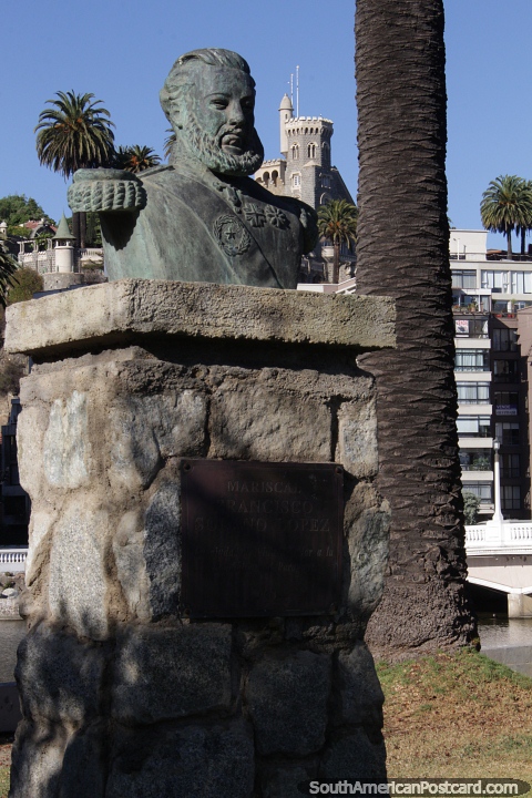 Francisco Solano Lopez (1827-1870), President of Paraguay, bust in Vina del Mar, Brunet Castle (1923) behind. (480x720px). Chile, South America.