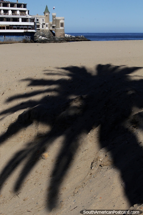Shadow of a palm tree on the beach with Wulff Castle beside the sea in Vina del Mar. (480x720px). Chile, South America.