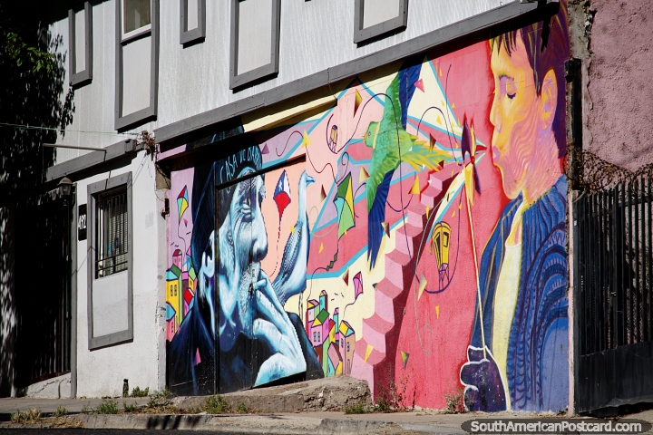 Vibrant street art is everywhere in Valparaiso, explore the streets on the hill to discover it. (720x480px). Chile, South America.