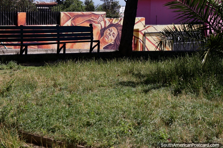 A woman painted in orange, amazing street art in Valparaiso, view from a park. (720x480px). Chile, South America.