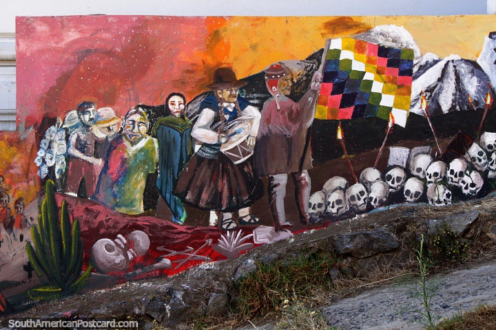Woman plays a drum, man waves a flag, skulls on the ground, street art in Valparaiso depicting a ceremony. (720x480px). Chile, South America.
