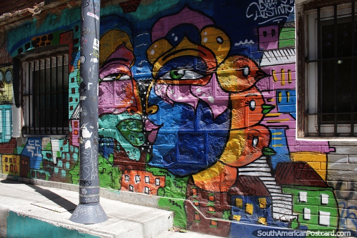 Large colorful face painted on this shopfront in Valparaiso to help brighten your day. (720x480px). Chile, South America.