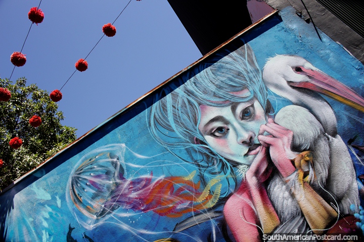 Girl with a pelican and jellyfish, mural with red woolen balls on a string above in Valparaiso. (720x480px). Chile, South America.