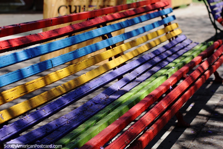 Bench seat with a rainbow of colors in a park in Copiapo. (720x480px). Chile, South America.