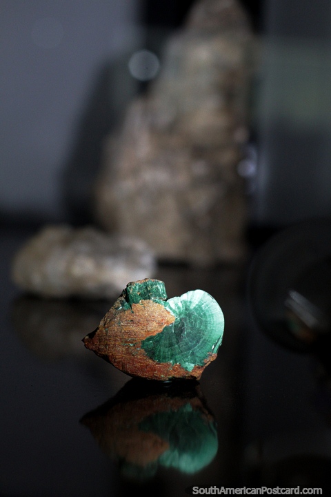 Rocha antiga ou concha com um mineral verde no museu Copiap. (480x720px). Chile, Amrica do Sul.