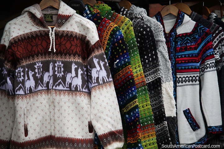 Jerseys and jackets with nice colors and styles at the crafts market in Coquimbo. (720x480px). Chile, South America.