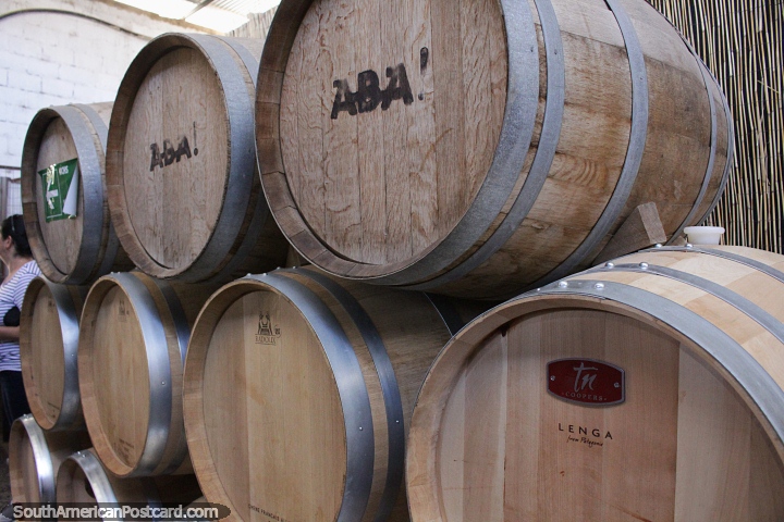 Wine barrels stacked up at the Aba Pisquera (1921) around Vicuna. (720x480px). Chile, South America.
