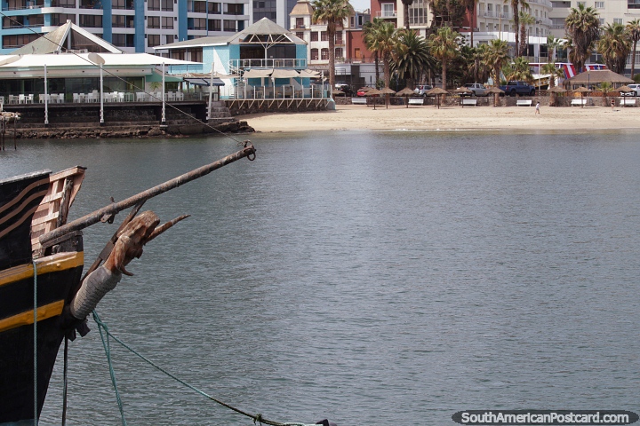 Small beach on the waterfront in Antofagasta, view from the wharf. (720x480px). Chile, South America.